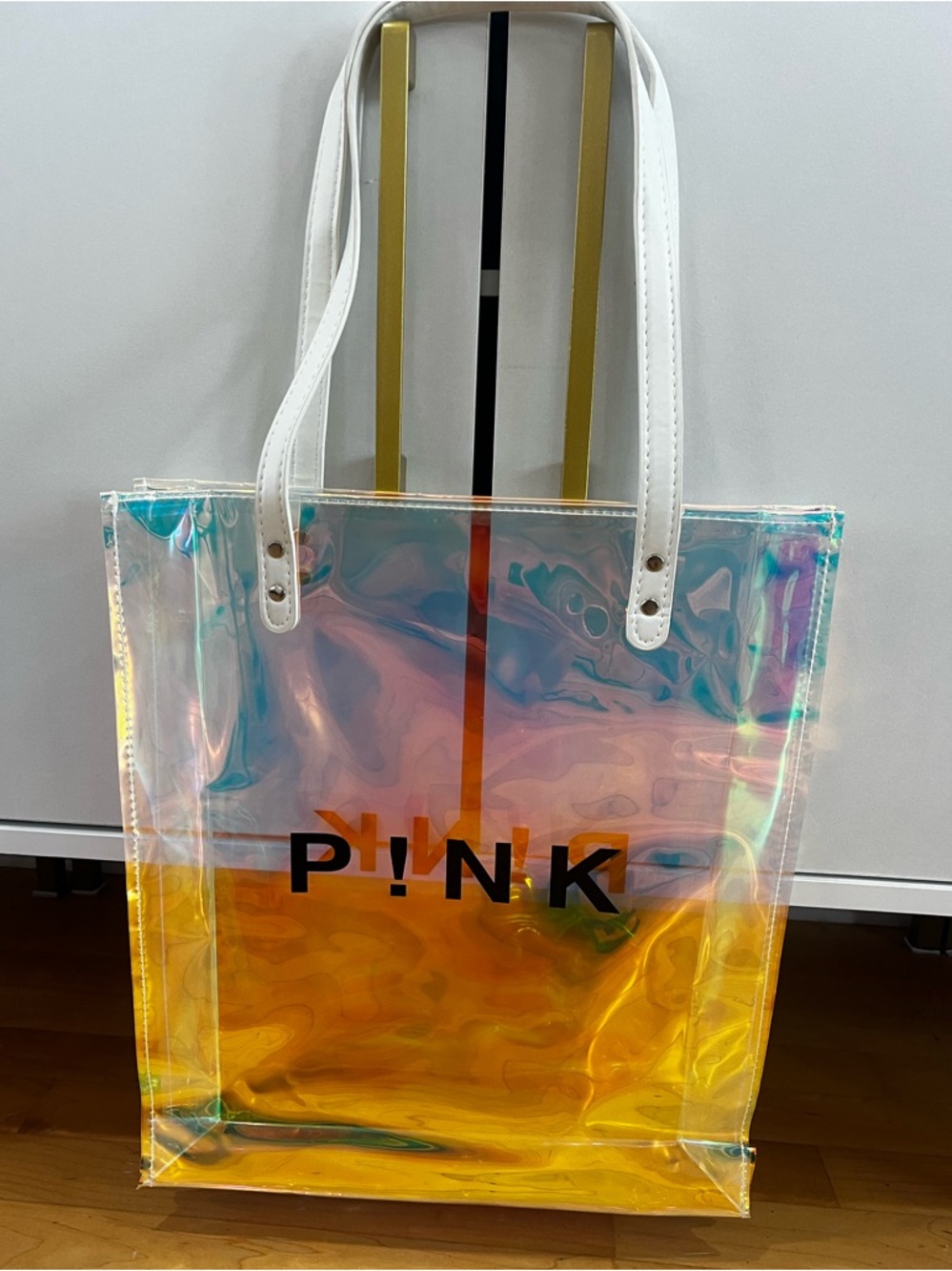 PINK Victoria's Secret Iridescent Holographic Tote with White Handles